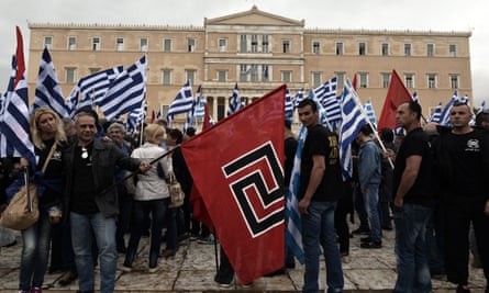Supporters of the Golden Dawn gather in front of the Greek parliament in 2014.