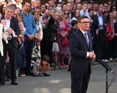 The new British prime minister and leader of the Labour Party, Andy Burnham, speaks to the media as he arrives at 10 Downing Street.
