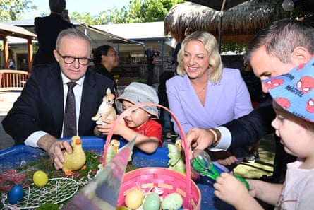 Australian Prime Minister Anthony Albanese and Labor candidate for Bonner Kara Cook play with kids