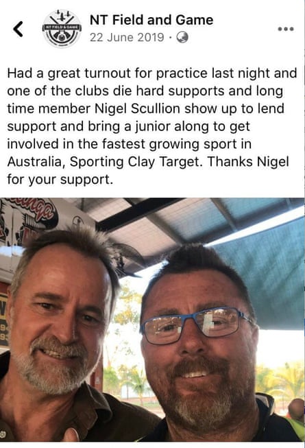 A Facebook post from NT Field and Game describing Scullion as one of its “die hard supports” and a “long time member”.