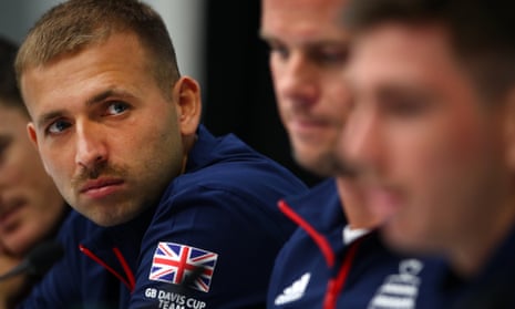 Dan Evans listens to his Great Britain teammate Cameron Norrie during a press conference prior to the Davis Cup tie against Uzbekistan in Glasgow.