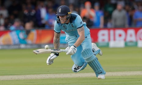 The ball bounces off Ben Stokes’s bat as he dives to make a second run during the Cricket World Cup final at Lord’s.