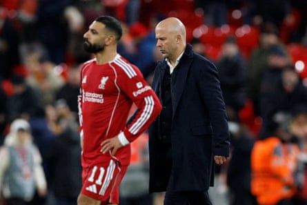 Arne Slot and Mohamed Salah after losing to PSV Eindhoven