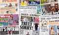 a composite of newspaper front pages rebuking Rishi Sunak, including "Stupid Boy!" (the Express) and the Daily Mirror's "IT's OVER – SSUNAK'S D-DAY SHAME" ) in capital letters