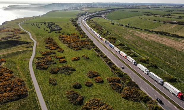 Lorries queueing on the A20 on their way to Dover, in  April.