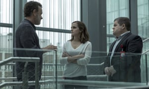 Tom Hanks, Emma Watson and Patton Oswalt in a scene from The Circle, the film about a fictional social network.