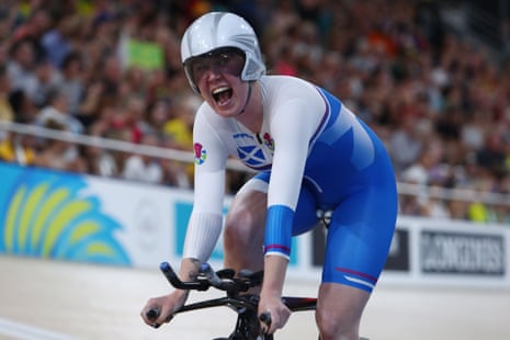 Scotland’s Katie Archibald celebrates after winning gold in the women’s 3000m individual pursuit finals.