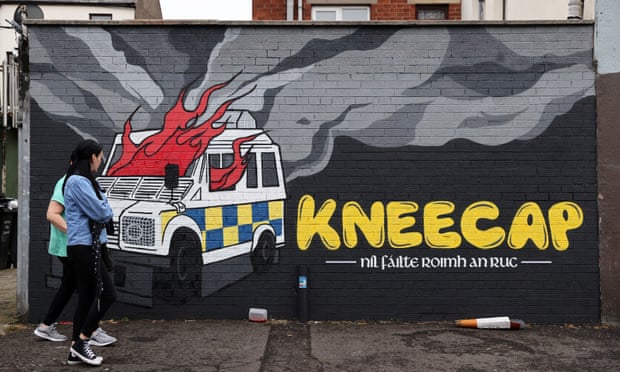 Kneecap’s mural of a burning PSNI Land Rover on Hawthorn Street in Belfast.