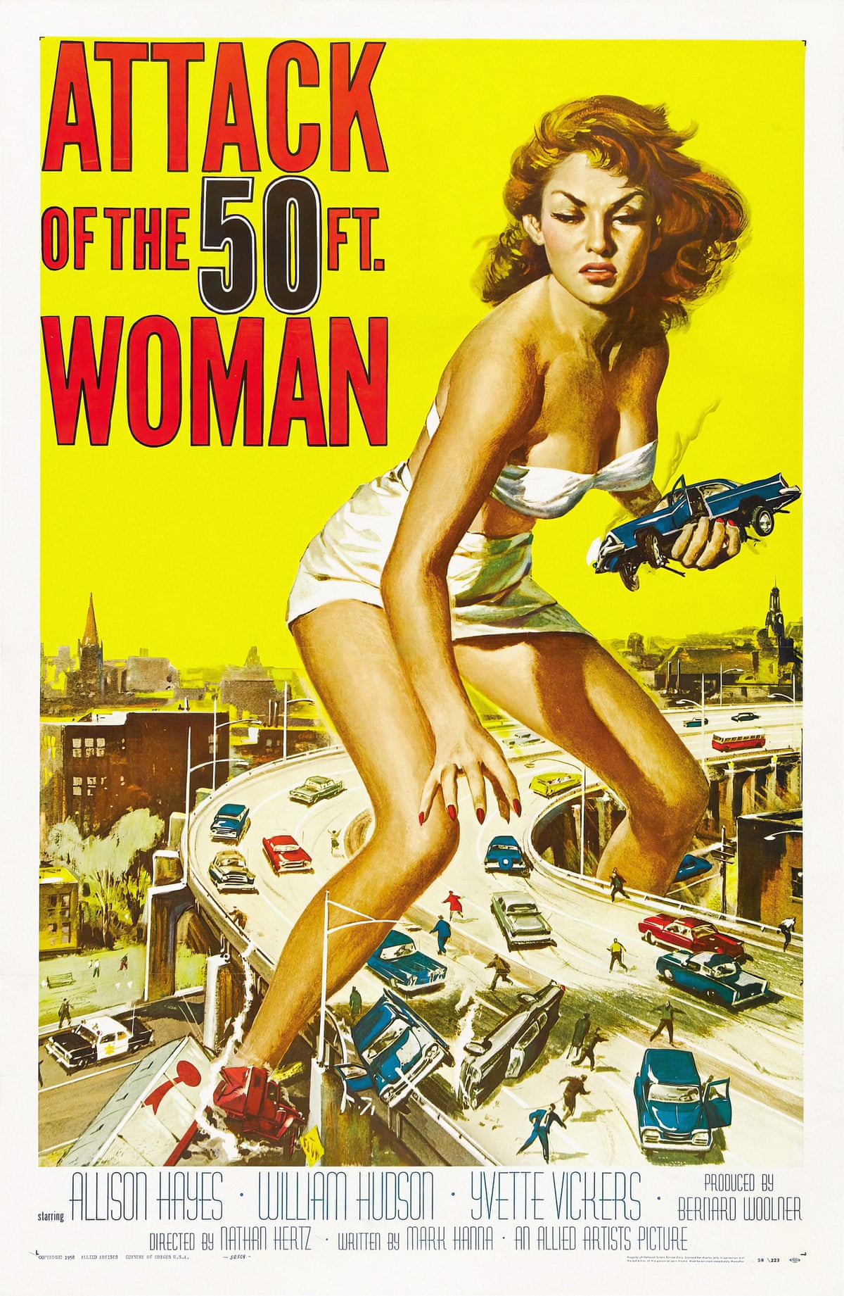 Vintage film poster illustration showing a giant woman picking up cars from the freeway