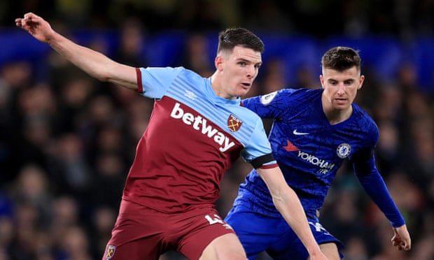 Declan Rice (left) in action for West Ham against Chelsea, the club where he started his career.
