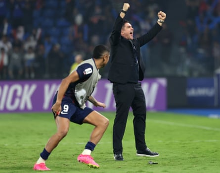 Head coach Xisco Muñoz of Johor Darul Ta’zim celebrates after the team’s victory over Vissel Kobe at Sultan Ibrahim Stadium