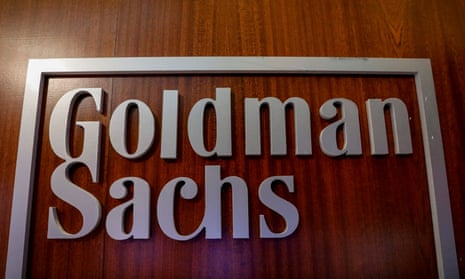 The Goldman Sachs company logo in the company’s space on the floor of the NYSE in New York.