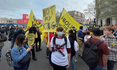 A small group of anti-monarchy protesters in central London for the coronation.