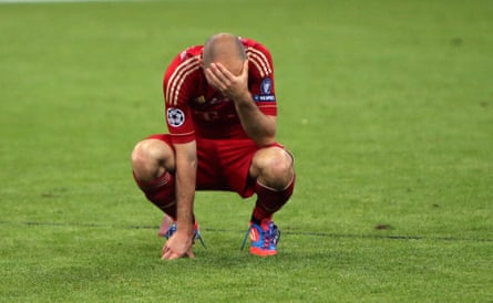 A dejected Arjen Robben holds his head in his hands after Bayern’s defeat to Chelsea in the 2012 Champions League final.