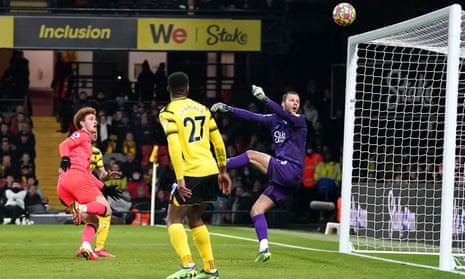 Josh Sargent scores Norwich’s opening goal with a back-heel volley off the underside of the crossbar to stun Watford.