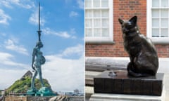 No danger of this fading into the background ... Damien Hirst’s Verity; and a sculpture of Samuel Johnson’s cat Hodge.