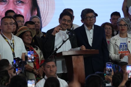 Ivan Cepeda speaks to supporters on election day at Salón Rojo in Hotel Tequendama Bogotá.