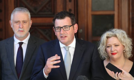 Victorian special minister of state Gavin Jennings, premier Daniel Andrews and health minister Jill Hennessy after the Voluntary Assisted Dying bill passed.