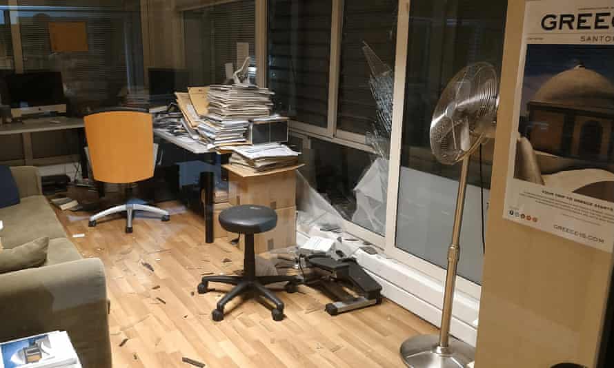 Damage inside the offices of SKAI TV after the explosion