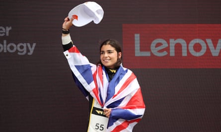 Jamie Chadwick celebrates on the podium