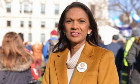 Gina Miller at a rally wearing a True and Fair party badge