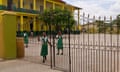 children at prep. school gate Falmouth jamaica<br>G2P4GJ children at prep. school gate Falmouth jamaica