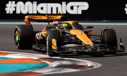 Lando Norris takes a corner at Miami International Autodrome.