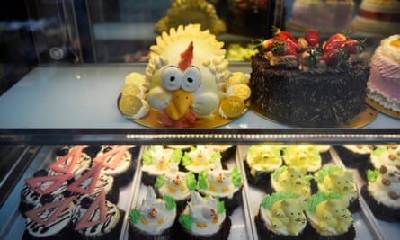 Cakes in a bakery window in London’s Chinatown.