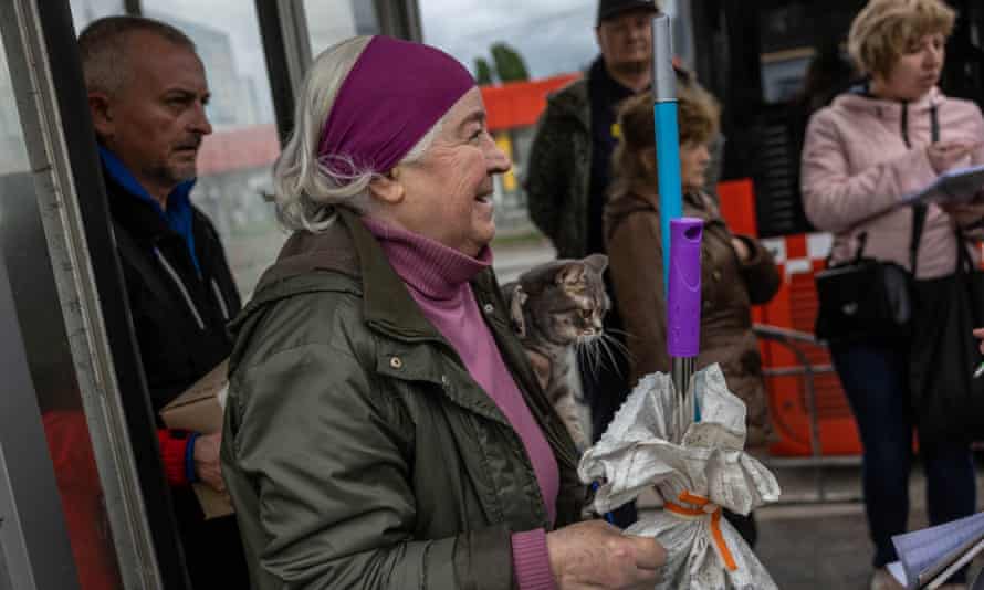People displaced by Russian shelling depart a metro station where they had been living underground for months on May 22, 2022 in Kharkiv, Ukraine. Authorities plan to restart the Kharkiv subway system on May 24 and are providing temporary shelter in student dormitories for those made homeless by Russian attacks. Although Russian shelling has largely ceased in Kharkiv, it continues in the northern suburbs, and many houses and large apartment buildings in the city are destroyed, leaving thousands homeless.