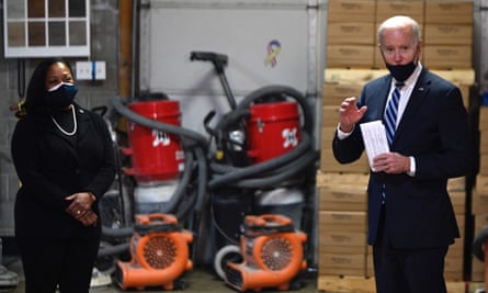 Joe Biden speaks during a visit to Smith Flooring in Chester, Pennsylvania