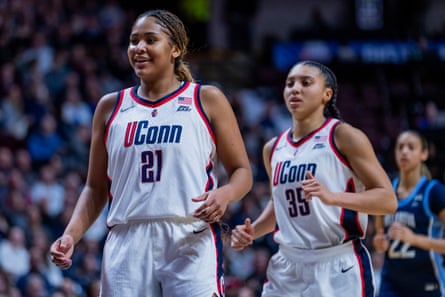 Connecticut’s Sarah Strong, left, and Azzi Fudd, right, give the Huskies the nation’s most dynamic duo.