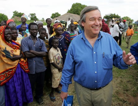 Guterres, then UN high commissioner for refugees, visits Ikafe camp for Sudanese refugees in northern Uganda.