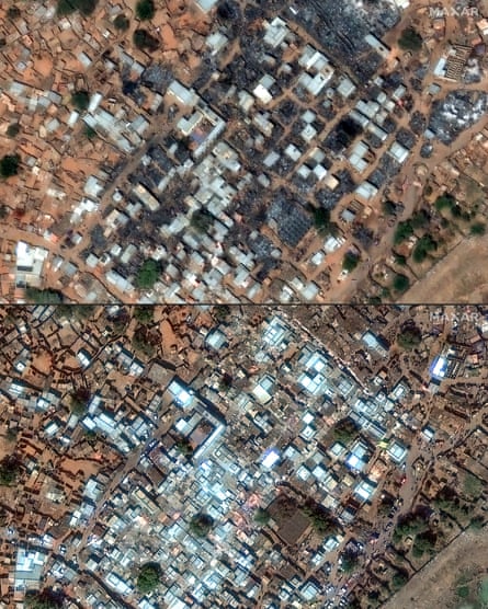 Before and after satellite photos showing a crowded camp and large burnt areas where shelters have been destroyed