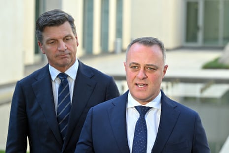Leader of the opposition, Angus Taylor, and shadow treasurer Tim Wilson (right) at a press conference on Tuesday.