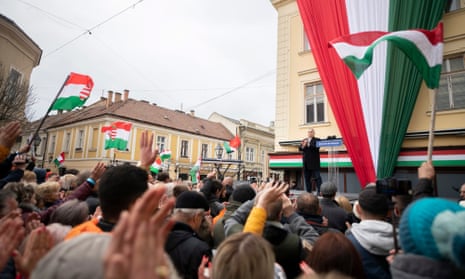 Hungarian Prime Minister Viktor Orbán delivering a speech to his supporters during the final electoral rally of his Fidesz party in Székesfehérvár, Hungary.