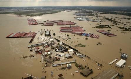 The flood-swollen Burnet Bay along the Houston Ship Channel in Houston.