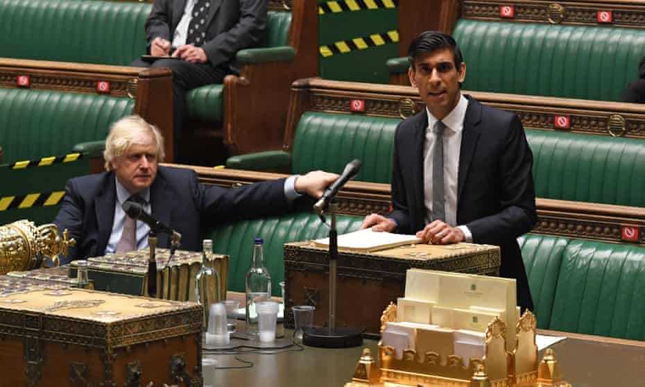 Boris Johnson and Rishi Sunak are seen as the chancellor delivers his budget statement to the House of Commons on 3 March 2021.