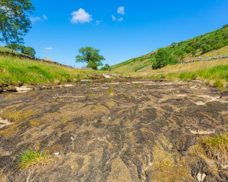 Cracked mud of a completely dry riverbed on a sunny day