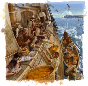 A painting depicting passengers and crew from Manila reaching for oranges and lemons, some antidotes to scurvy.