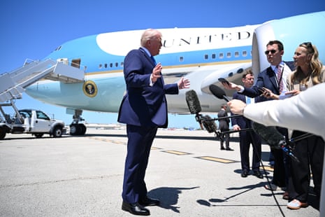 Donald Trump speaks to the press before boarding Air Force One at the Palm Beach international airport on 25 April 2026 in Florida.