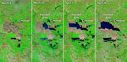 Nasa satellite images show the progression of flooding in the Tulare Lake basin.