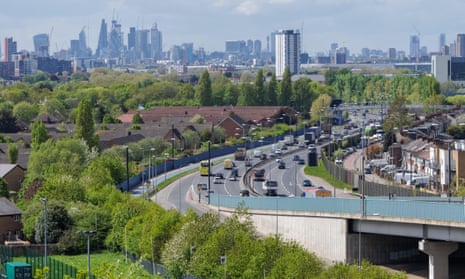 The view across Newham Way road and Beckton to the city of London, England, United Kingdom, UK