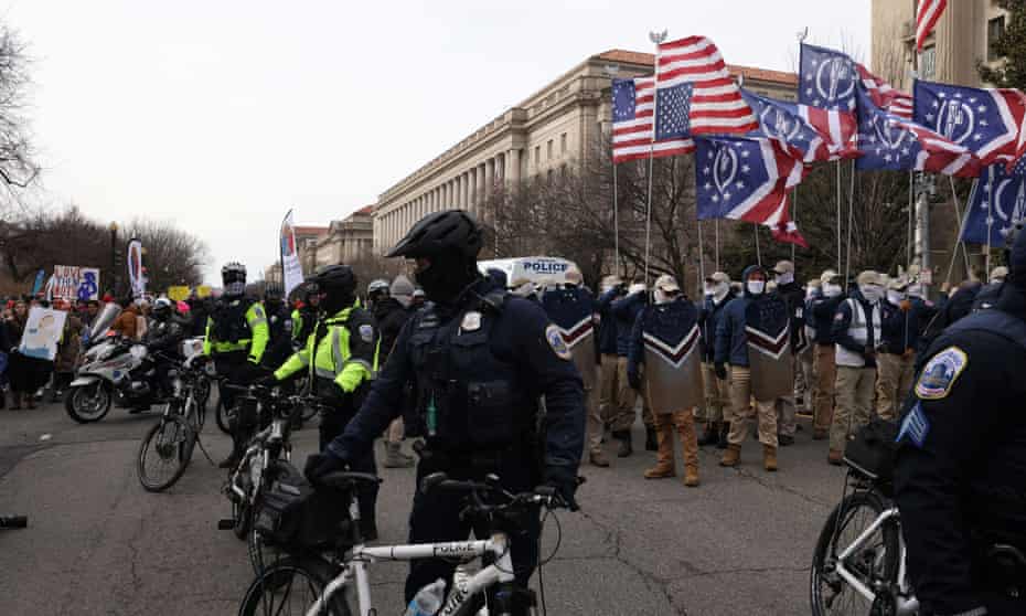 Members of Patriot Front, a white supremacist group, attend the annual anti-abortion ‘March for Life’ in Washington DC, on 21 January 2022. 