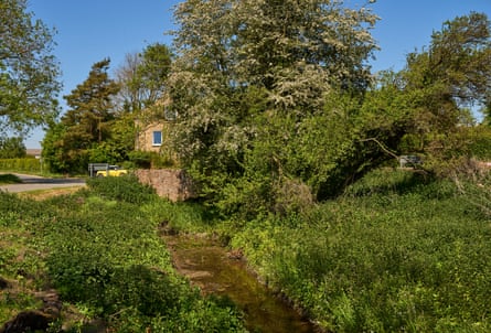 Um riacho corre até uma ponte perto da qual é possível ver uma casa e um carro amarelo.