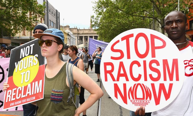 Anti-racism protesters gather in Melbourne on 20 November to counter another rally held to celebrate Donald Trump’s US election victory.