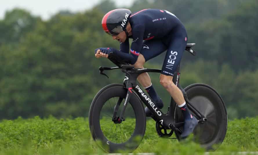 Geraint Thomas on a bike during the fifth time trial stage.