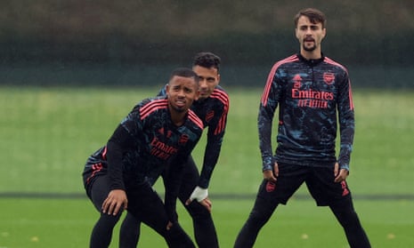 Arsenal's Gabriel Jesus, Gabriel Martinelli and Fábio Vieira in training.