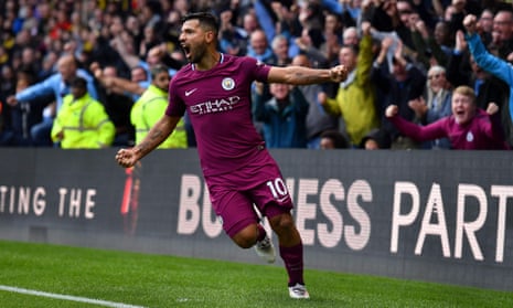 Sergio Agüero celebrates scoring his third and Manchester City’s fifth goal in their rout of Watford. 