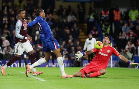 João Pedro has his shot saved by the face of Villa’s keeper Emiliano Martínez