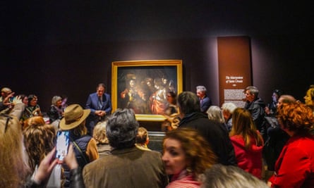 Drawing crowds … the painting installed at the National Gallery in London.